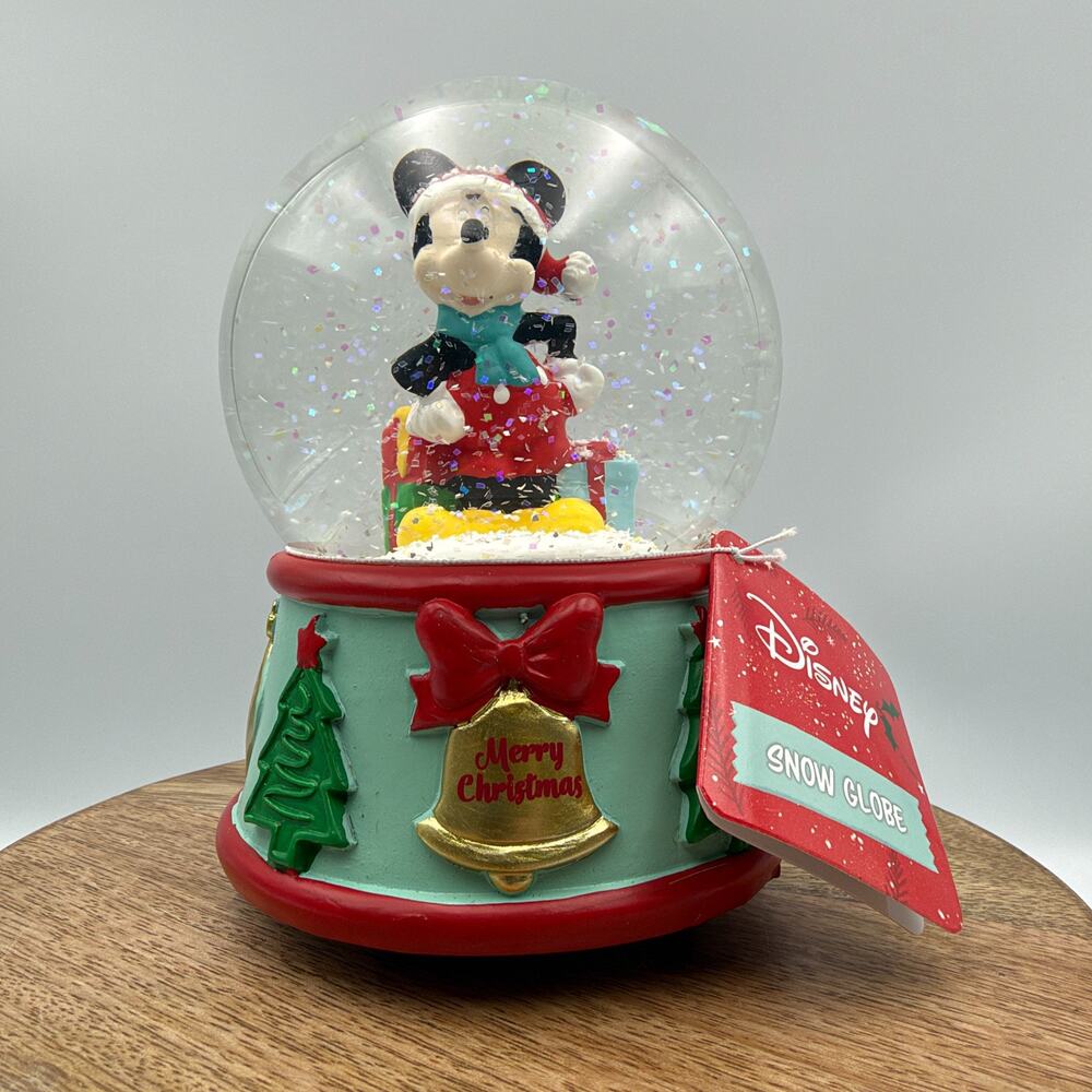 Disney Mickey Mouse Christmas Holiday Snow Globe Wind Up "Jingle Bells" 6 in NWT